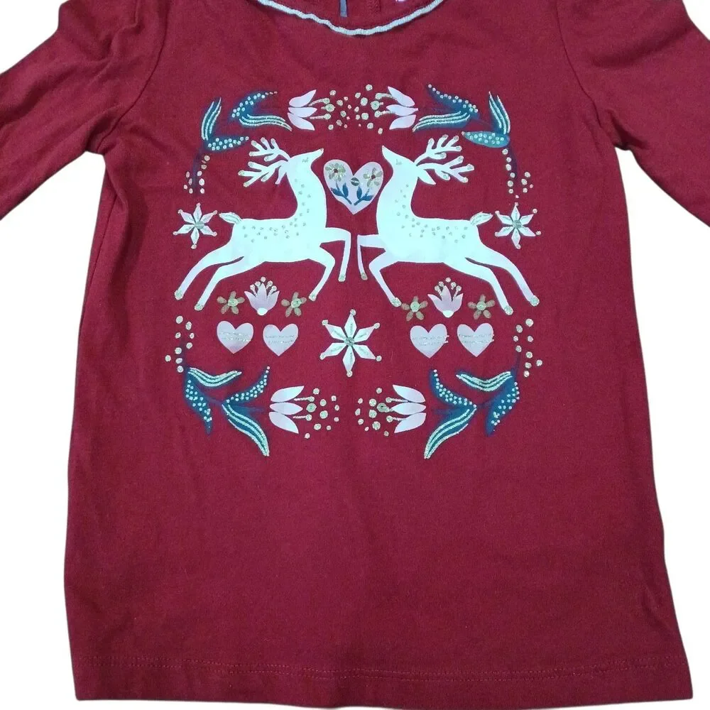 GIRLS CARTER'S 5 DARK RED L/S REINDEER HOLIDAY HEART FLORAL GOLD GLITTER TOP